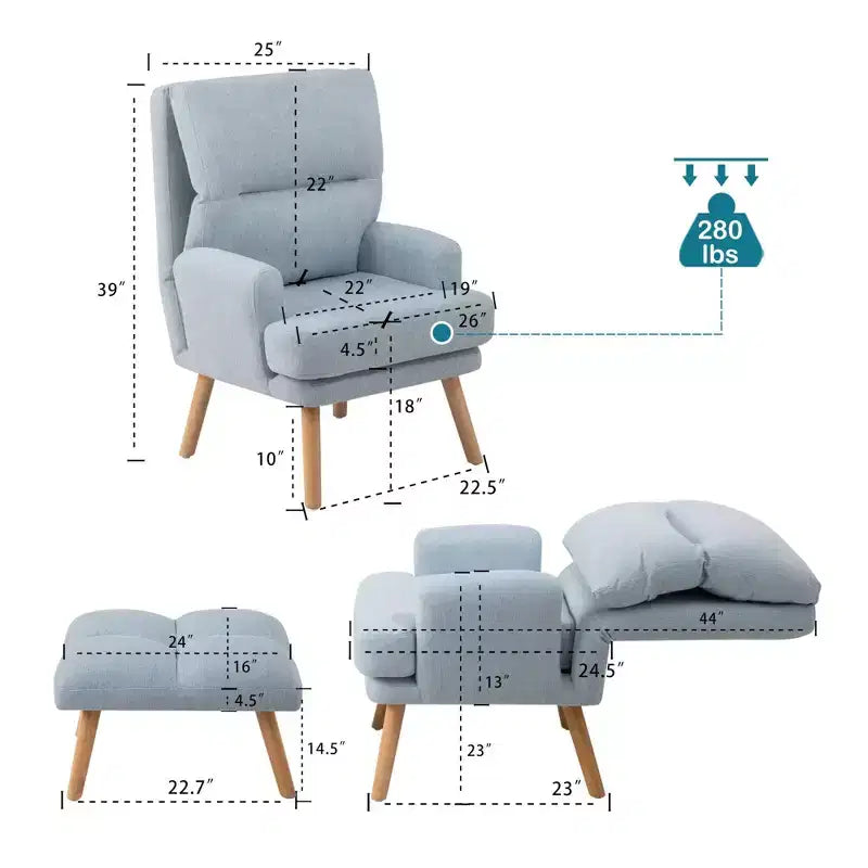Okak moderner Akzentsessel, Wohnzimmerstuhl mit Hocker und verstellbarer Rückenlehne, bequemer Polstersessel für Lounge, Büro und Schlafzimmer