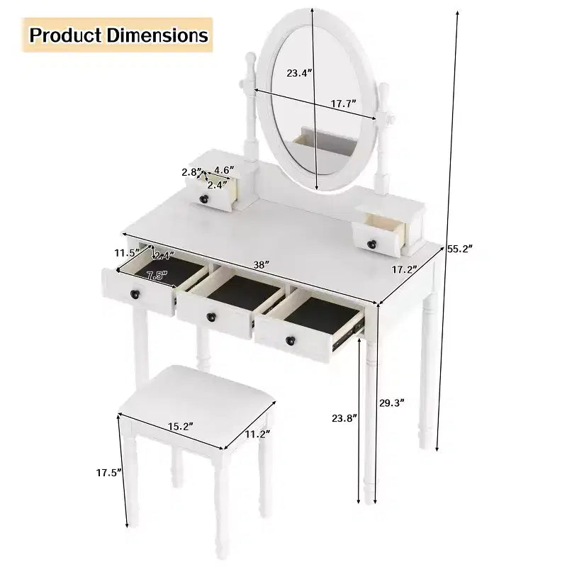 Okak Vintage Holzkosmetiktisch mit verstellbarem Spiegel, Schminktisch mit 5 Schubladen und gepolstertem Hocker, Frisiertisch für das Schlafzimmer