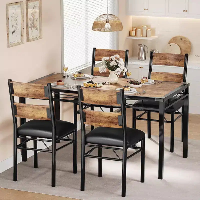 Essgruppe für 4 Personen, Holztisch für die Küche mit 4 gepolsterten Stühlen, 4er-Set Küchenstühle mit Stoßwinkel für kleine Räume, Küchenbereich