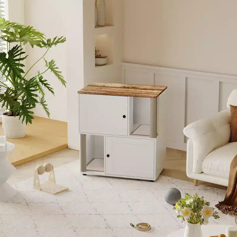 Katzentoiletten-Gehäuse mit zwei Kammern, verstecktes Katzentoiletten-Möbel mit Kratzstämmen und doppellagigen Streumatten für das Zuhause