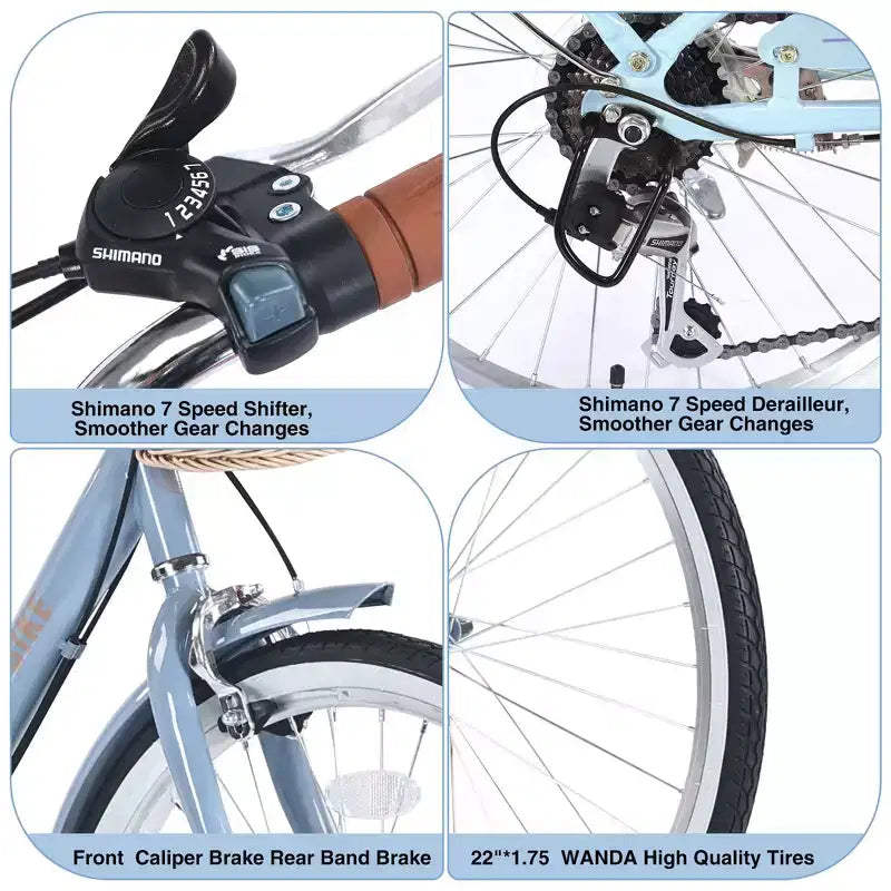 Okak 22-Zoll-Cruiser-Fahrräder mit Frontkorb, Mädchenfahrrad mit Stahlrahmen, V-Bremse und Komfortsattel, Fahrrad für Mädchen und Frauen