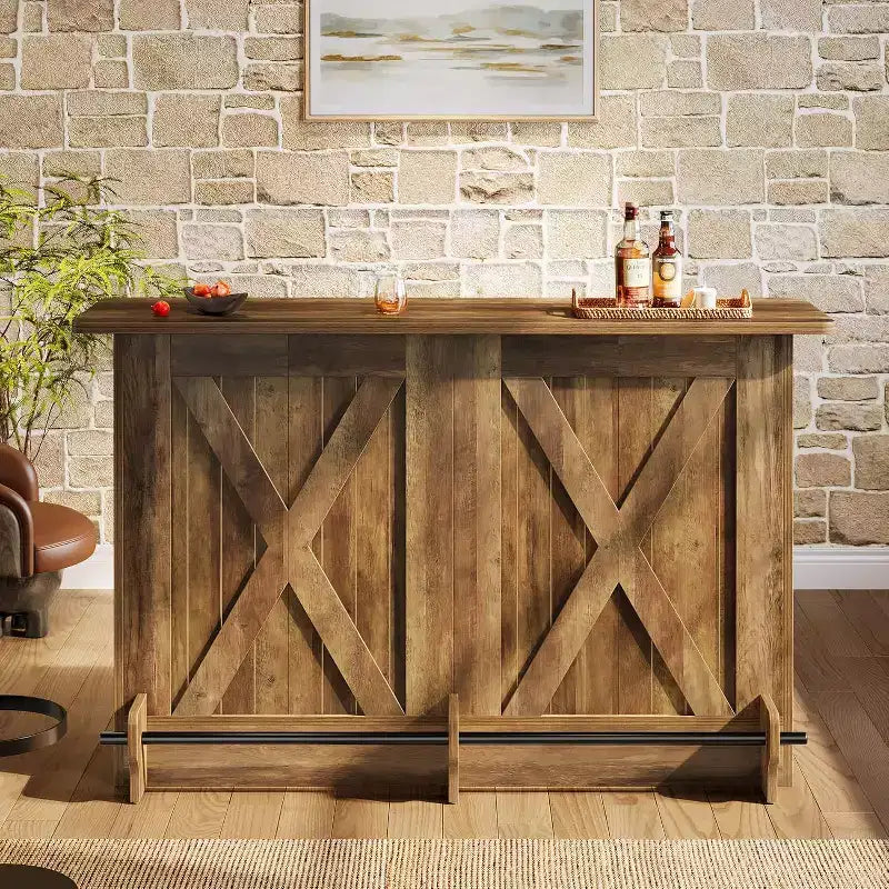 Lantine 160 cm Bartisch, 2-stufiger Bar-Schrank, Stehtisch mit Fußstütze für Küche, Bistro, Esszimmer, Wohnzimmer, Braun