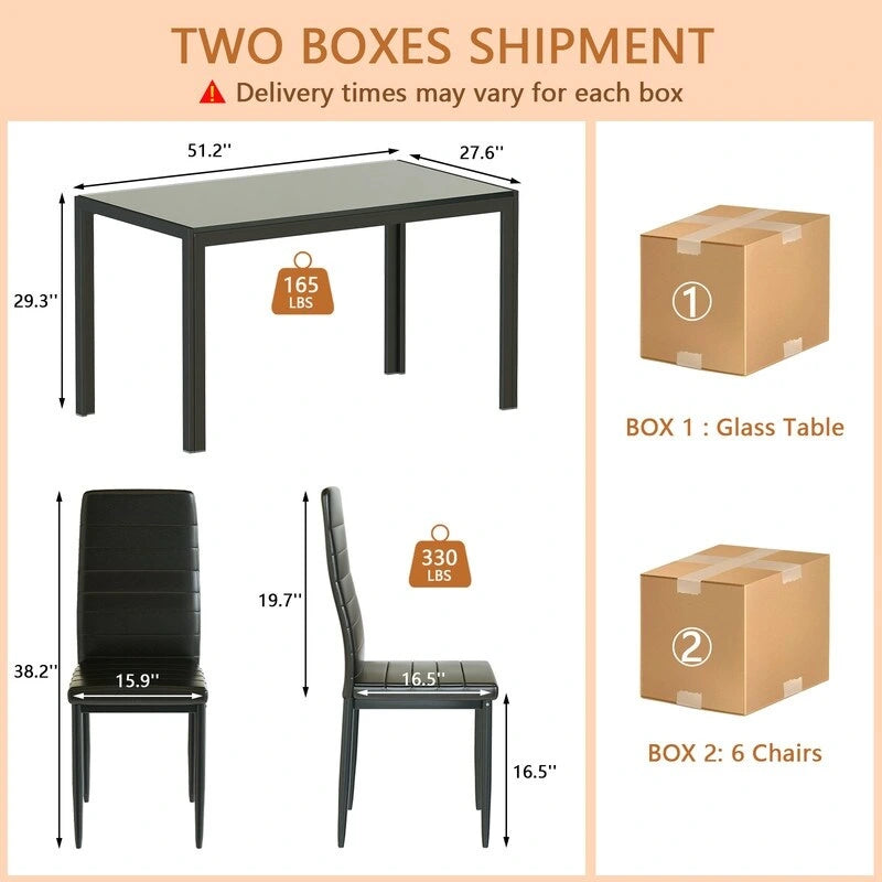 Grondin 7-teiliges Esszimmer-Set im modernen Stil mit Tischplatte aus gehärtetem Glas und 6 Stühlen mit PU-Lederpolsterung