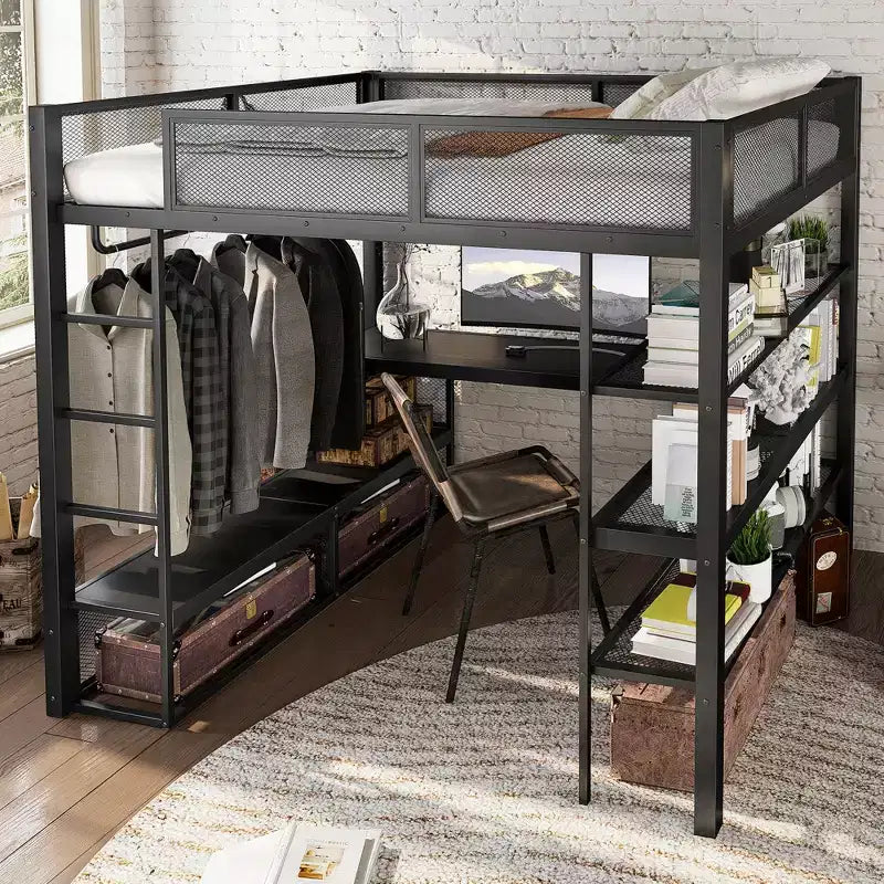 Bellemave Queensize-Metallhochbett mit Schreibtisch, Ablagefächern und Kleiderstange, platzsparendes Hochbettgestell mit Schutzgittern und Leiter, kein Lattenrost erforderlich, Schwarz