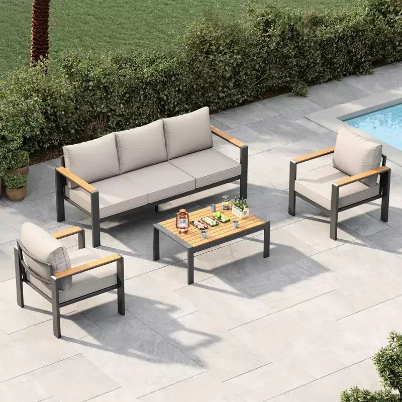 Aluminium-Terrassenmöbel-Set, Outdoor-Ecksofa mit 5 dicken Kissen, 4 Armlehnen & Couchtisch für Garten, Terrasse, Hinterhof