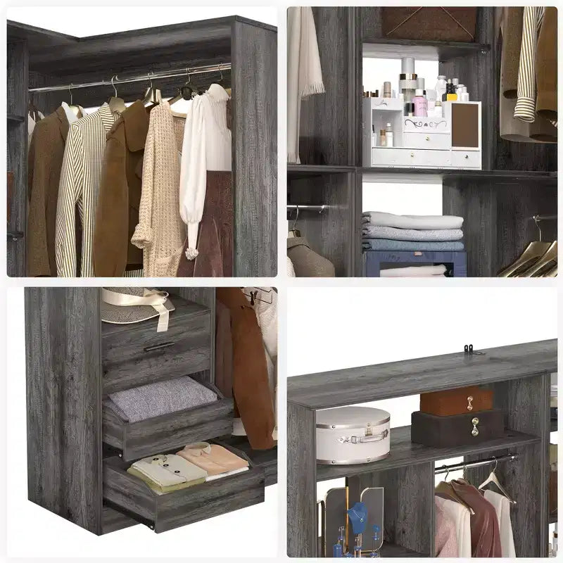 Besiost 2er-Set Eckschranksystem mit Turmregal, freistehender Kleiderschrank-Organizer mit Schubladen
