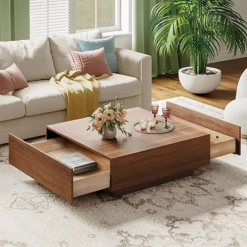 Mid-Century Modern Couchtisch, minimalistischer Couchtisch aus Holzfurnier mit Stauraum für das Wohnzimmer, komplett montiert