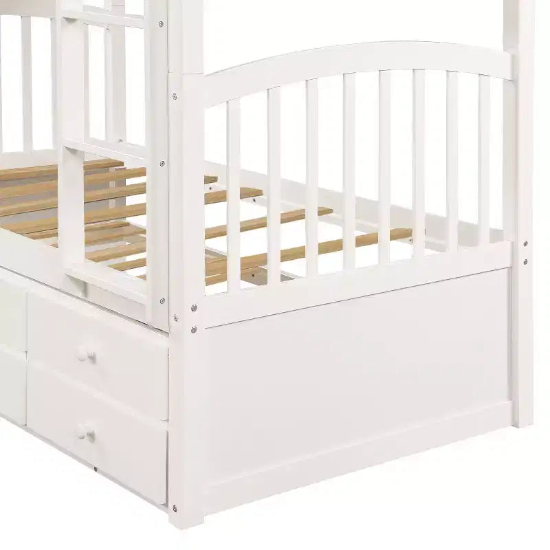 Etagenbett mit Leiter und Schutzgitter, Ausziehbett mit 3 Schubladen – Möbel für Jugend- und Gästezimmer