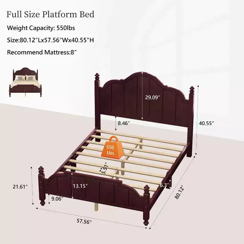 Vintage-Plattformbettgestell in Queensize – Massivholz aus Kiefer, MDF-Kopfteil, kein Boxspringbett erforderlich