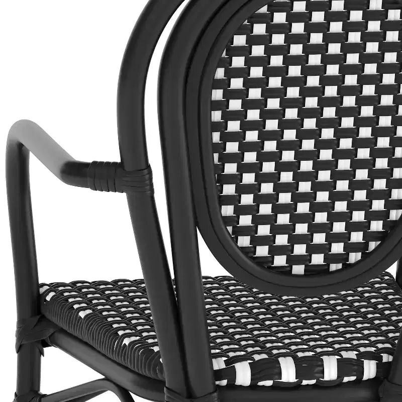 Flash Furniture 4er-Set Lourdes Indoor/Outdoor Gastro-Bistro-Stapelstuhl mit Armlehnen im Thonet-Stil, PE-Rattan und Aluminiumgestell