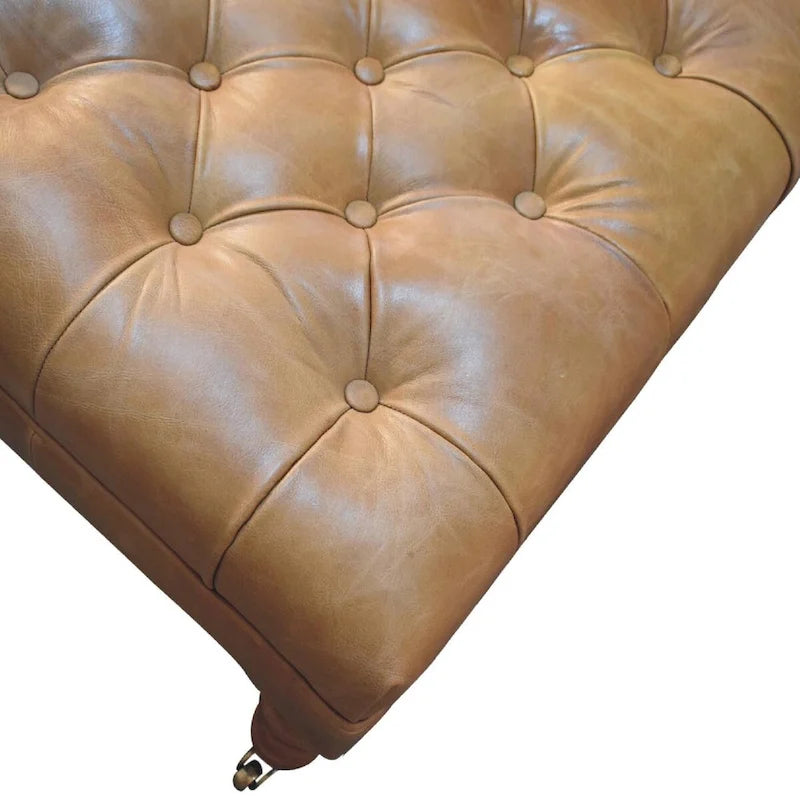 Artisan Furniture Ottomane aus massivem Holz und büffelfarbenem Leder mit Rollenbeinen