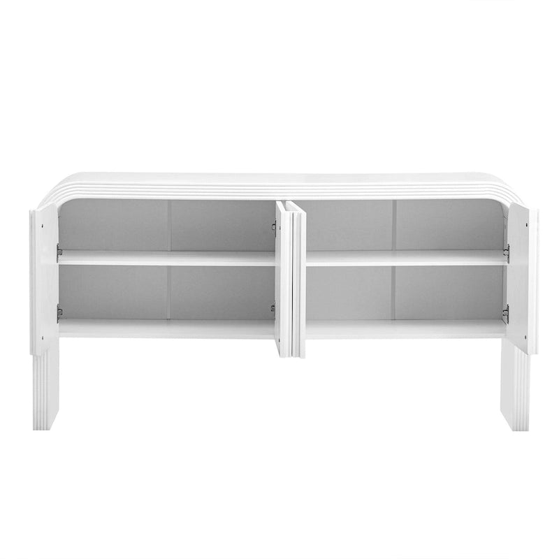 Geschwungenes Aufbewahrungsschrank-Sideboard mit 4 gestreiften Türen und verstellbaren Einlegeböden, moderner Flurschrank mit Kiefernholzbeinen