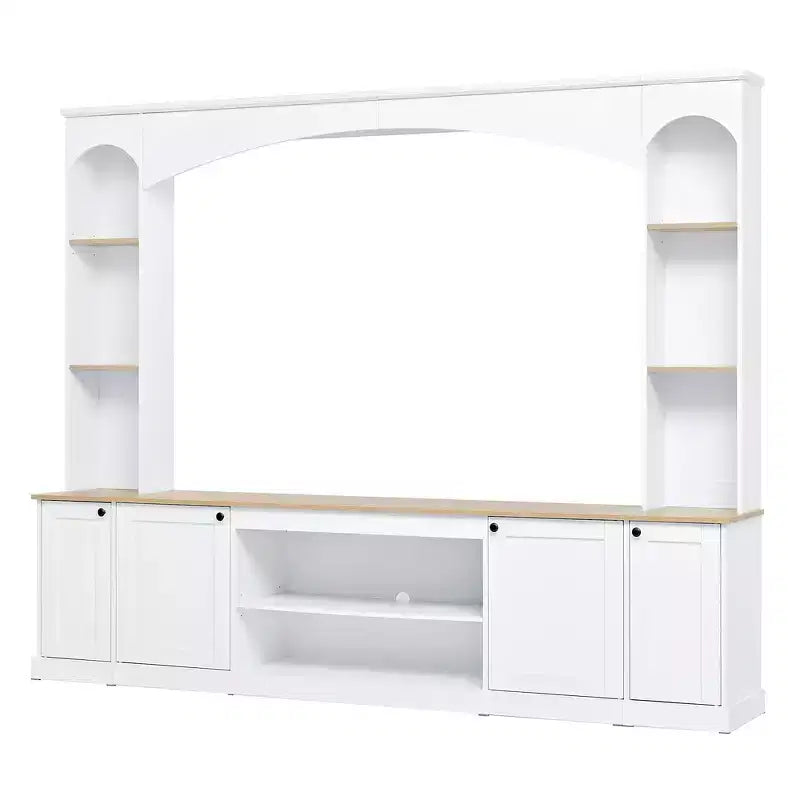 Whisen 91 Medienkonsole, gewölbte Entertainment-Center-Wandkombination im Landhausstil mit Bücherregal, Holzmaserung, für Fernseher bis zu 70 Zoll