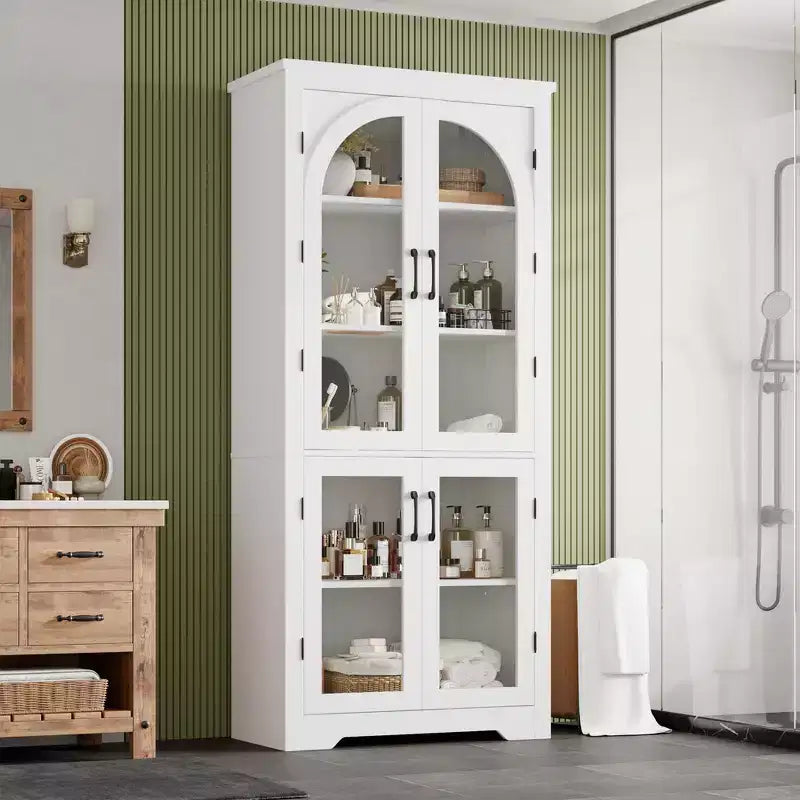 178 cm hoher Küchenschrank, moderner Vitrinenschrank mit 4 gewölbten Glastüren und verstellbaren Einlegeböden, für Küche, Wohnzimmer, Esszimmer, Badezimmer