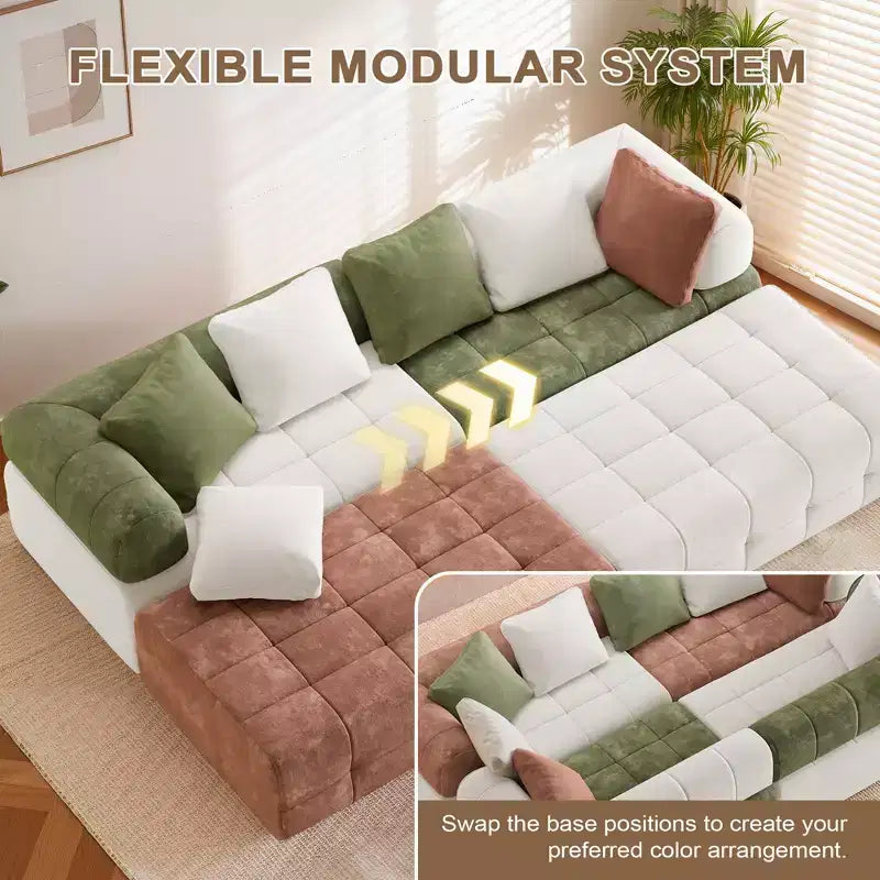 280 cm breites, modulares 4-Sitzer-Sofa aus Chenille im Colorblock-Design mit geschwungenen Armlehnen