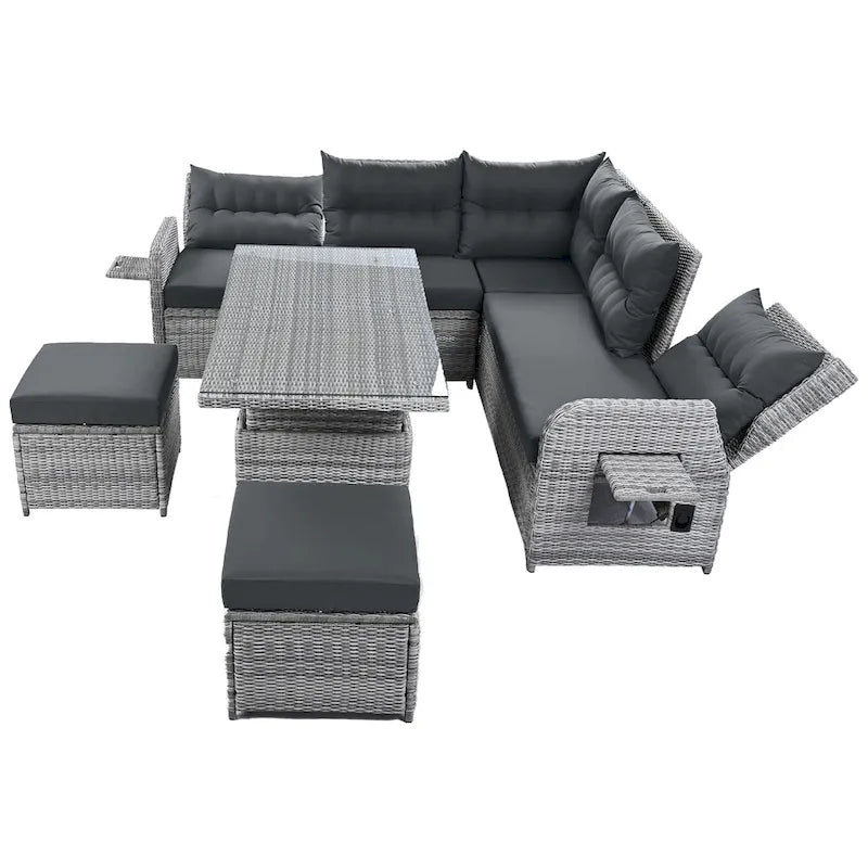 Outdoor-Rattan-Ecksofa-Set mit verstellbarem Tisch und Relaxsesseln