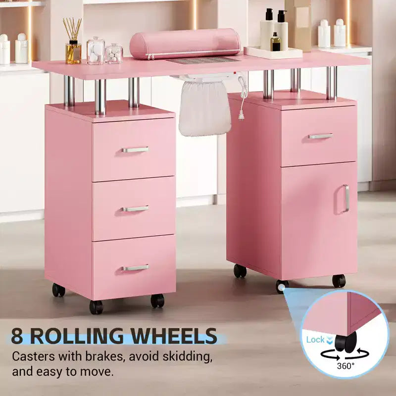 Maniküretisch mit Staubabsaugung, feststellbaren Rollen, Handgelenkauflage und Stauraum für Zuhause, Nagelstudios und Kosmetiksalons