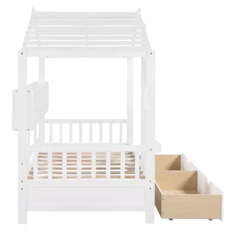 Whisen Hausbett für Kinder in Einzelbettgröße, Spielhausbett mit 2 Schubladen und Ablagefach