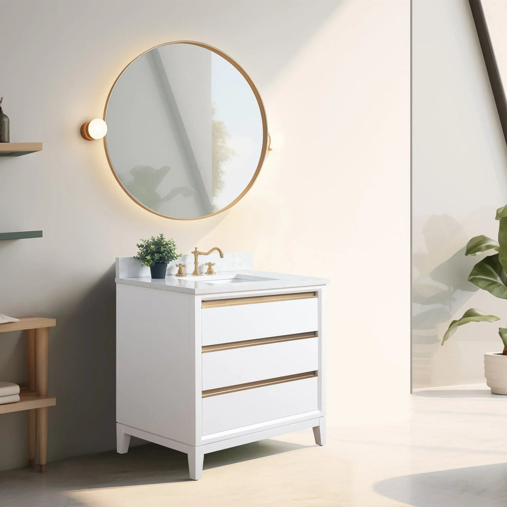 Vanity Art Badezimmerschrank mit Keramikwaschbecken und Platte aus technischem Marmor