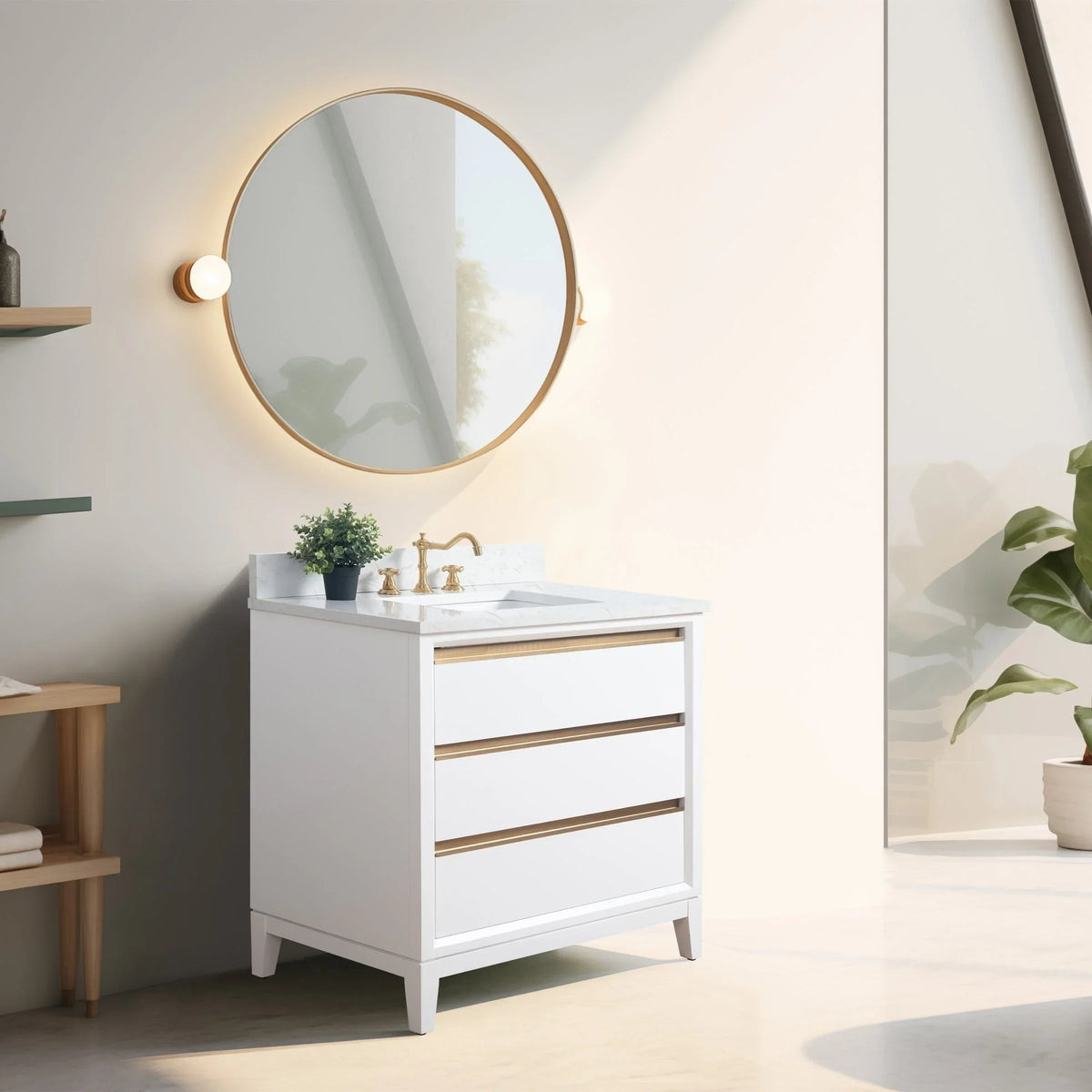 Vanity Art Badezimmerschrank mit Keramikwaschbecken und Platte aus technischem Marmor