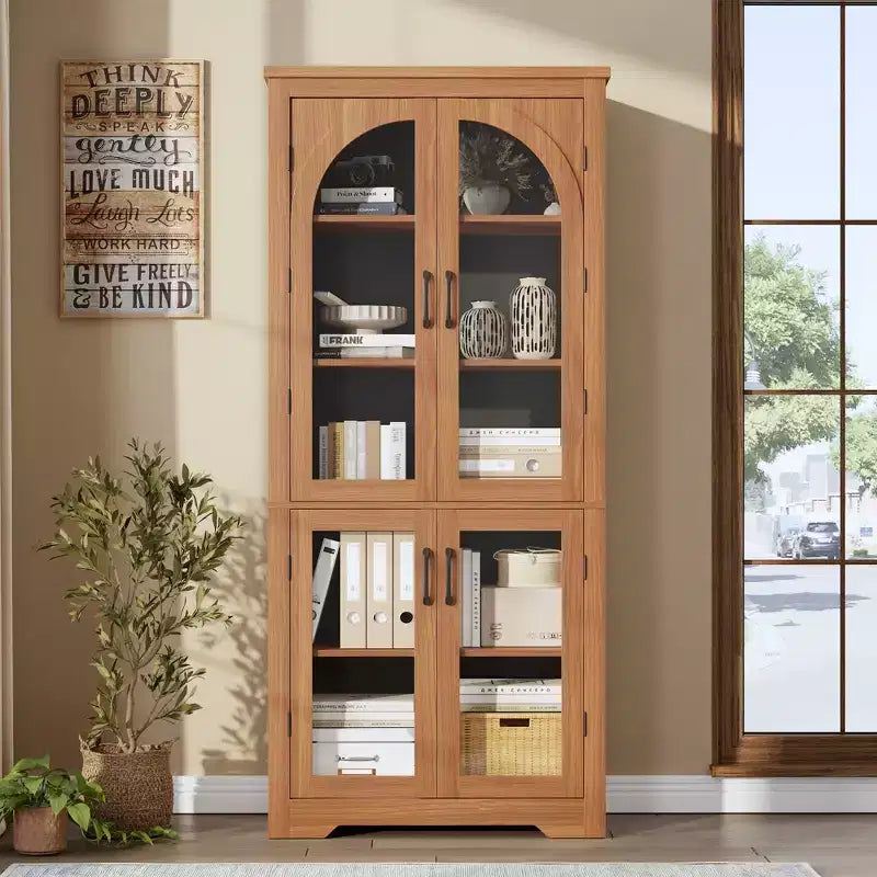 178 cm hoher Küchenschrank, moderner Vitrinenschrank mit 4 gewölbten Glastüren und verstellbaren Einlegeböden, für Küche, Wohnzimmer, Esszimmer, Badezimmer