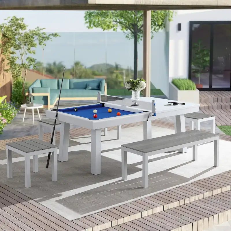 Norwalk Indoor/Outdoor 7-Fuß-Billardtisch in Schieferoptik, Esstischgarnitur für 6 Personen mit 4 Bänken und Zubehör, weißes Finish