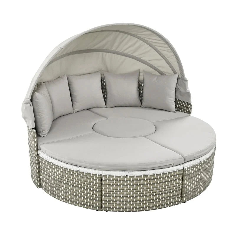 Rundes Outdoor-Tagesbett, zweifarbiges Flecht-Sonnenbett mit versenkbarem Dach