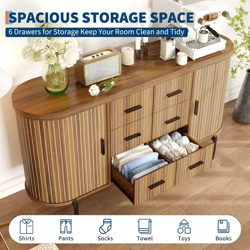 59-Zoll-Sideboard im Landhausstil mit geriffelter Front, TV-Lowboard mit 6 Schubladen und 2 Schiebetüren, vielseitiger Aufbewahrungsschrank fürs Wohnzimmer