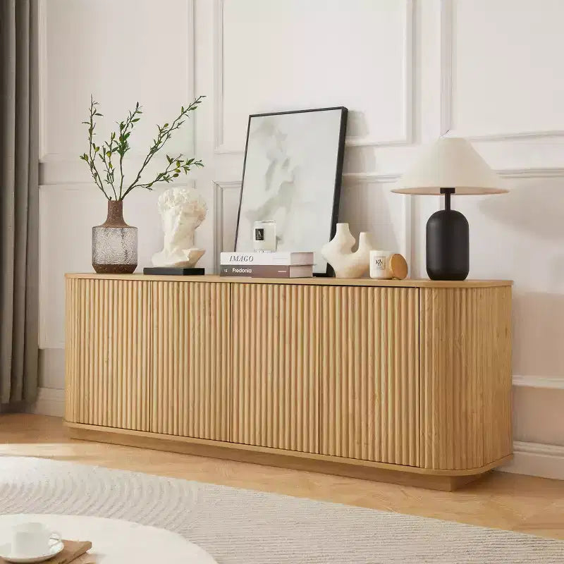JVNOXK Sideboard-Aufbewahrungsschrank TV-Ständer mit Wellenmuster Buffet-Schrank Holzschrank mit vertikalen Streifen für Küche/Schlafzimmer/Flur. Natur