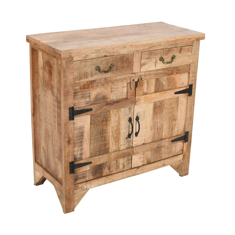 99 cm handgefertigte Farmhouse-Konsole aus Mangoholz, mit 2 Schubladen und 2 Türen, rustikales Braun