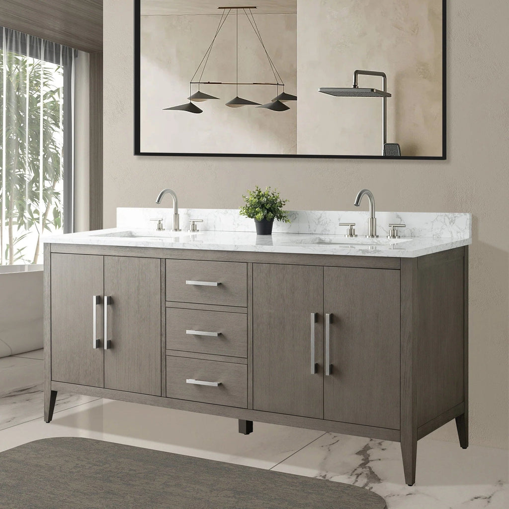 Vanity Art 72 Zoll Badezimmer-Waschtischunterschrank mit Doppelwaschbecken und Kunstmarmorplatte