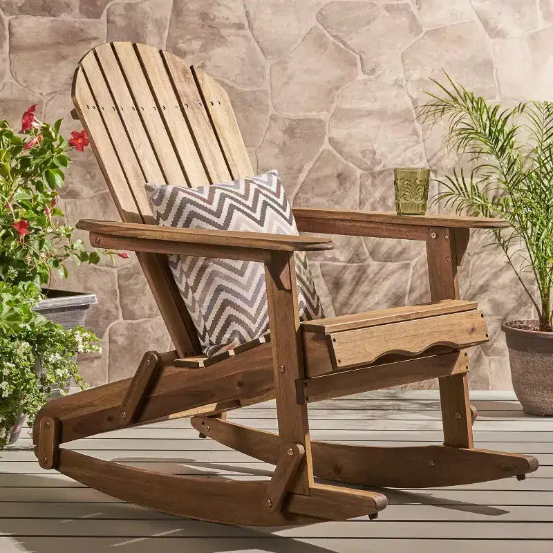 Okak Rustikaler Adirondack-Schaukelstuhl, Premium Akazienholz-Akzentstuhl, 1 Stk., Outdoor-Relaxsessel für Veranda, Garten & Hinterhof, Natur