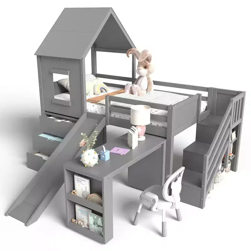 Einzel-Hochbett mit 3 Schubladen und Treppenregal, Hausbett-Gestell aus Holz mit Rutsche und herausziehbarem Schreibtisch