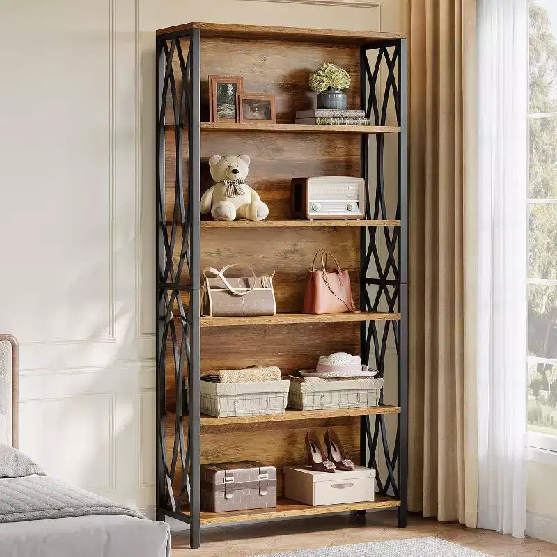 Lantine 70,87 Industrie-Bücherregal, 6-stufiges Regal mit geometrischem Metallrahmen & offenen Ablageflächen für Homeoffice, Wohnzimmer, Braun