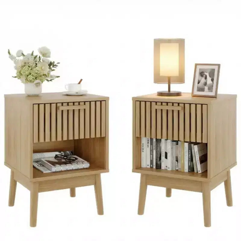 2er-Set Nachttische im Boho-Stil mit gestreifter Schublade und offenem Regal, kompakter Beistelltisch aus Holz fürs Bett, kleiner Beistelltisch für Schlafzimmer und Wohnzimmer