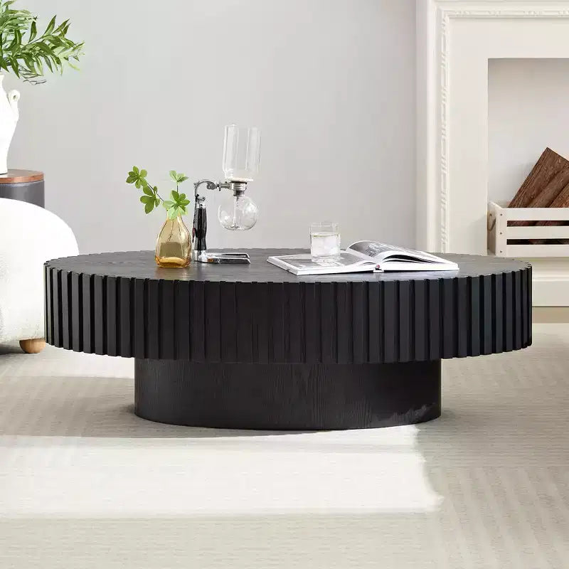Ovaler/Quadratischer Couchtisch, minimalistischer geriffelter Mitteltisch, Beistelltisch, natürliche Esche/Nussbaum/Mattschwarz – ModernLuxe