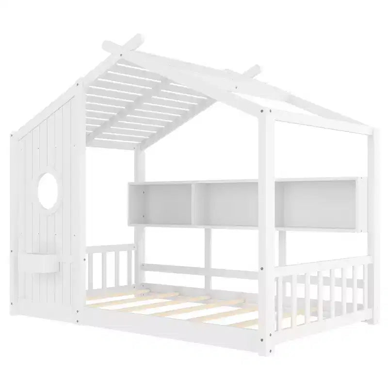 Bodenbett für Kinder in Twin-Größe, Montessori-Hausbett mit Ablagefach und Dachdesign
