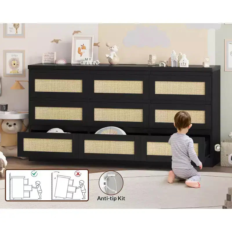 Kommode fürs Schlafzimmer, Rattan-Kommode mit 9 Schubladen für den Kleiderschrank, Doppelholz-Kommoden & Schubladenschränke