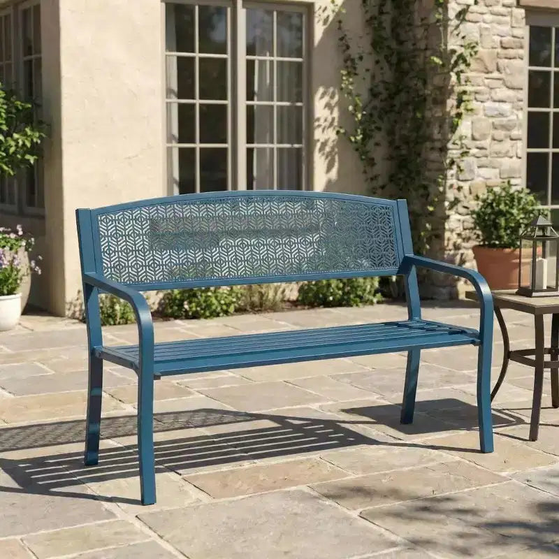 Gartenbank aus Metall für 2 Personen, Stahlbank mit geometrischer Rückenlehne für Terrasse, Garten und Veranda