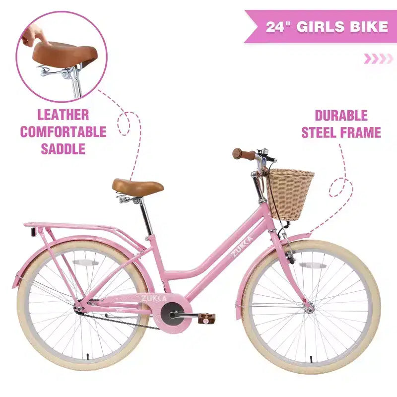 NAYSAYE 24 Zoll Mädchen-Cruiser-Fahrrad, Speed-Hybrid-Citybike für Jugendliche von 7-10+ Jahren mit Weidenkorb & Gepäckträger, Kinderfahrrad