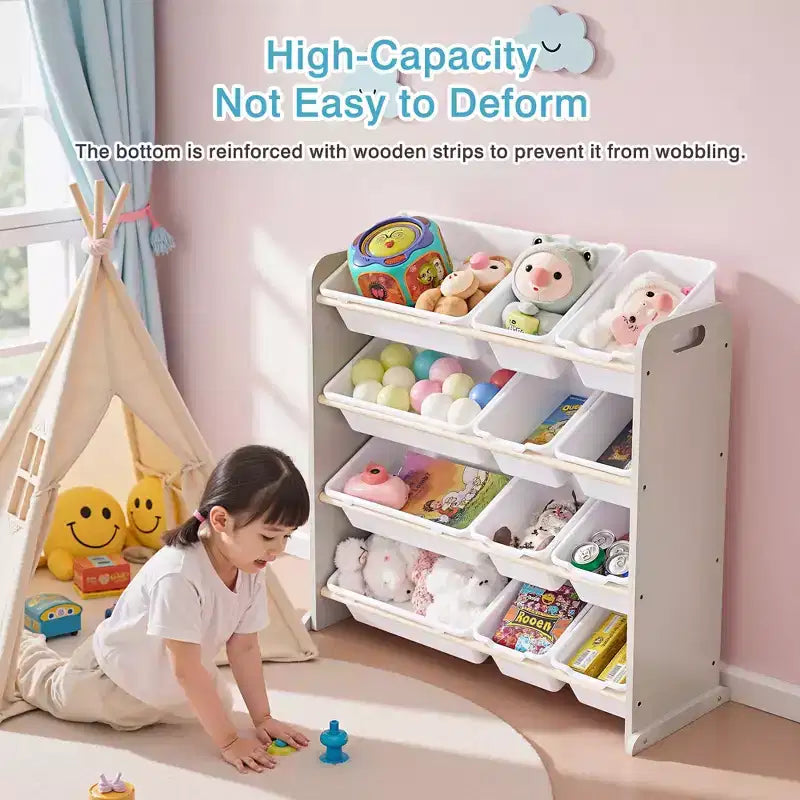 VECELO Kinder-Bücherregal mit Spielzeugaufbewahrung und 12 Körben, Spielzeugregal aus Holz für Kleinkinder, geräumige Spielzimmeraufbewahrung für Bücher oder Spielzeug
