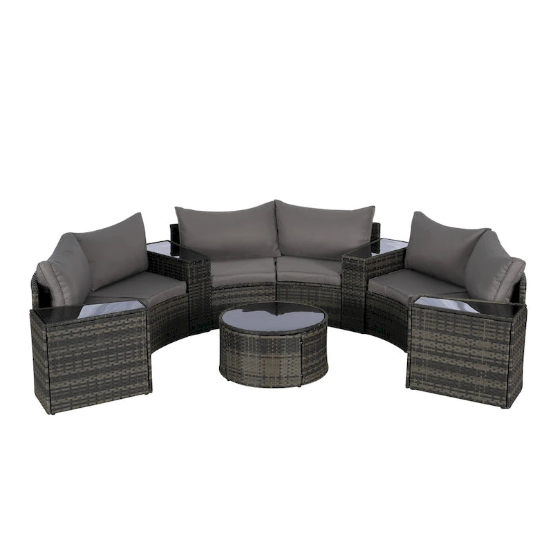 11-teiliges modulares Outdoor-Sofa-Set mit halbrunden Elementen, Couchtisch aus gehärtetem Glas und 4 Beistelltischen