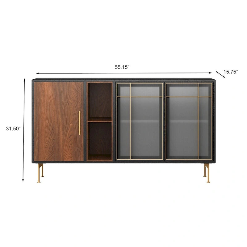 55,12" Mid-Century Modern Sideboard-Buffet, Schrank mit 3 Türen, Rahmen aus mehrschichtigem Massivholz, Walnussfurnier, komplett montiert - 55,12"