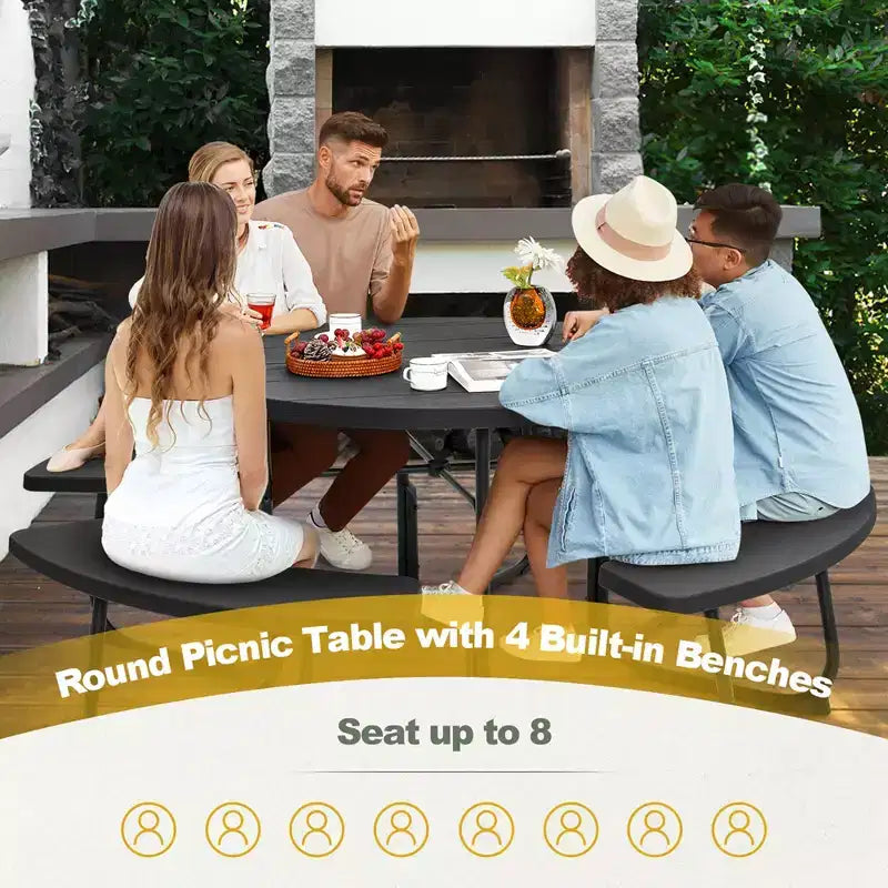 Costway Outdoor 8-Personen-Rund-Picknicktisch-Bank-Set mit 4 Bänken & Sonnenschirmloch Schwarz/Grau/Grün/Weiß