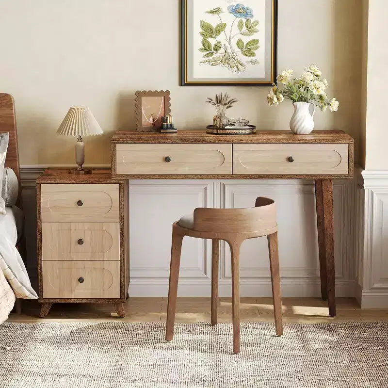 Lantine-Schreibtisch, 99 cm, mit 5 Schubladen und ausziehbarem Schrank, kleiner ausziehbarer Computer- und Schminktisch für kleine Räume, Braun