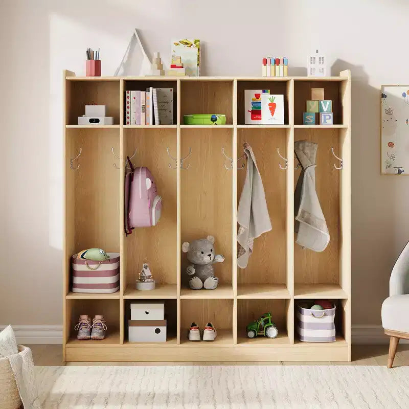 Garderoben-Organizer für Kinder mit 10 Fächern & Haken, 5-teiliges Aufbewahrungssystem für Klassenzimmer, Kinderzimmer, Flur oder Spielzimmer, Eiche Natur