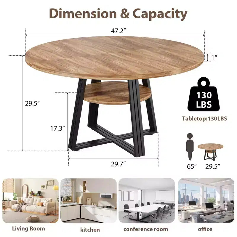 Runder Esstisch für 4-6 Personen, 47 Küchen-Esstisch mit Ablagefach, Holztisch mit Metallgestell für Zuhause und Wohnzimmer, ohne Stühle