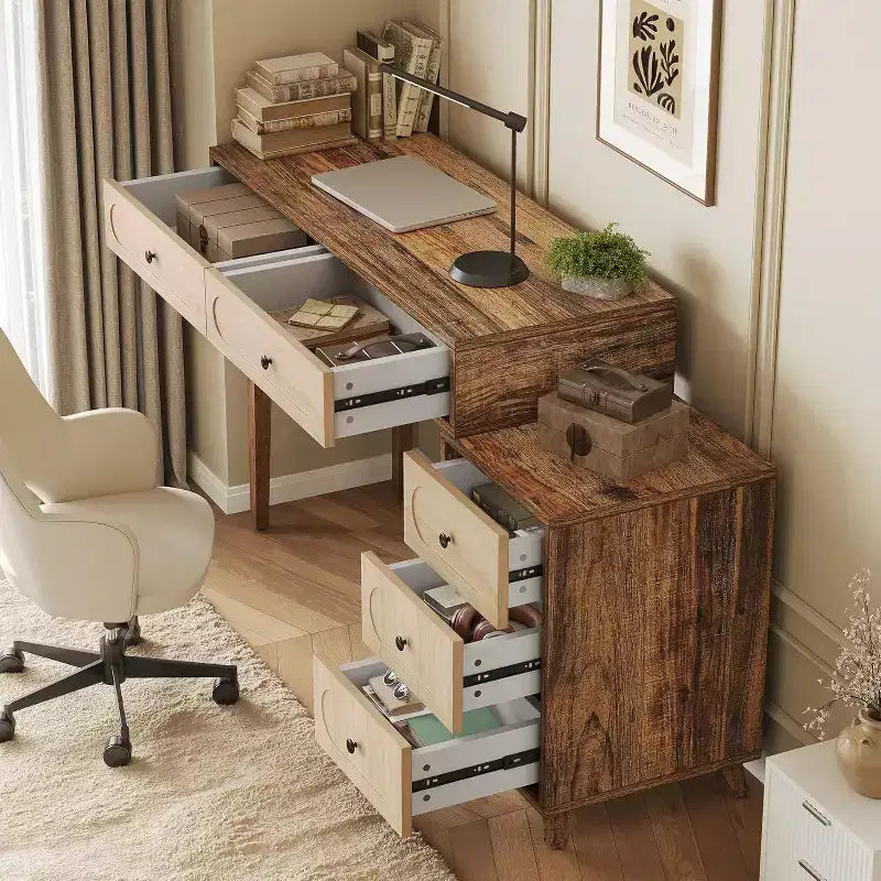 Lantine-Schreibtisch, 99 cm, mit 5 Schubladen und ausziehbarem Schrank, kleiner ausziehbarer Computer- und Schminktisch für kleine Räume, Braun