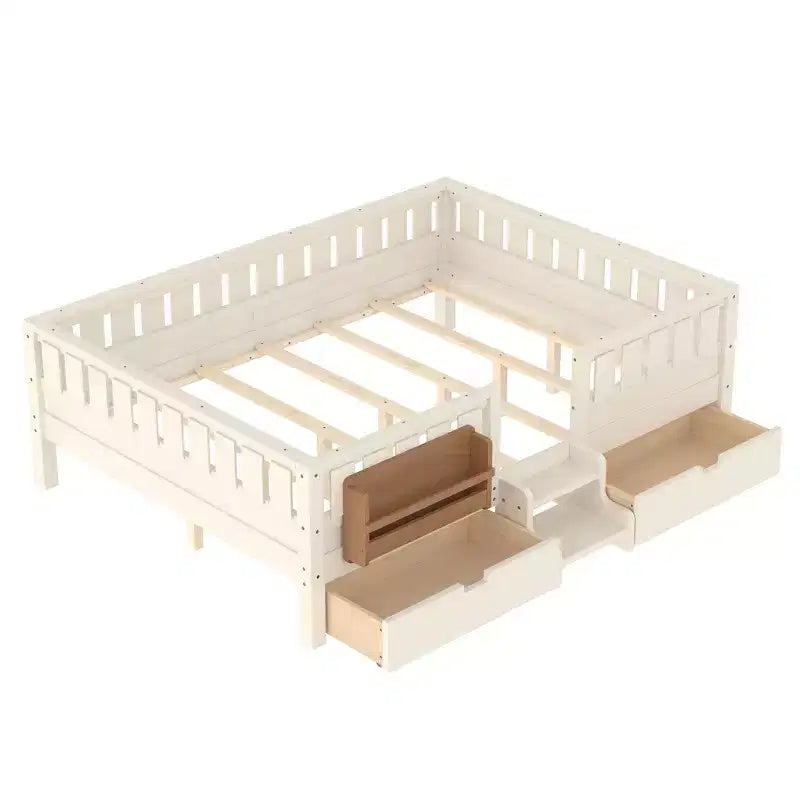 Bellemave Queen-Size-Kleinkindbett mit 14 Sicherheitsgeländern, platzsparender Bettrahmen mit integrierten Bücherregalen & 2 Schubladen unter dem Bett