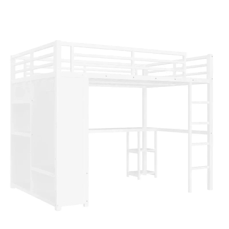 Queensize-Hochbett – Einbauschrank und Schreibtisch, Metallgestell mit Regalen
